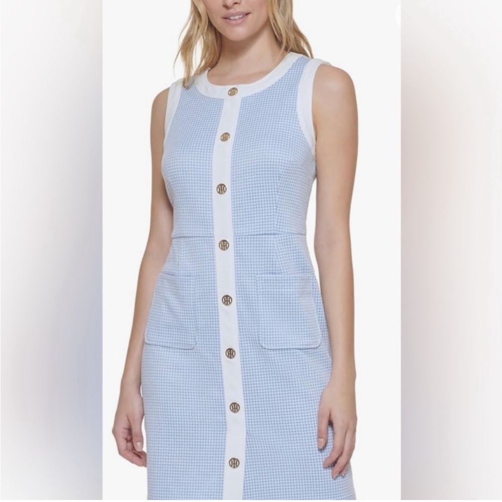 Blue and White Sleeveless Button-Down Dress
